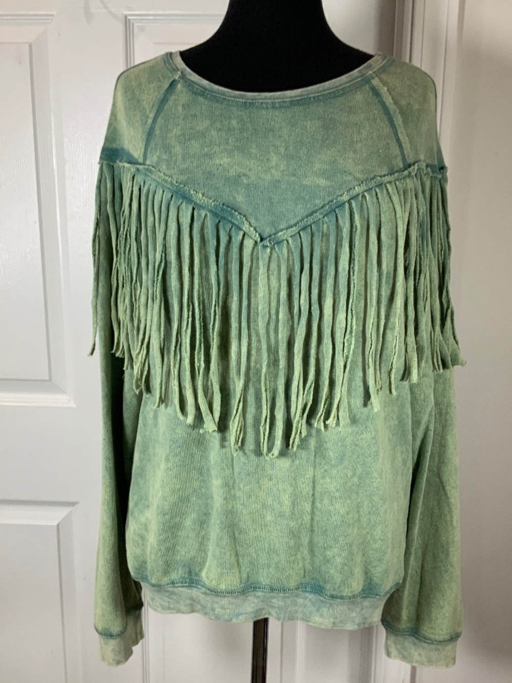 Oddy Sage Green Acid Wash Fringe Western Boho Cowgirl Sweatshirt Top Small